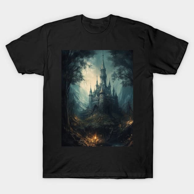 Gothic Futurism Castle in the Old Ancient Forest T-Shirt by podartist